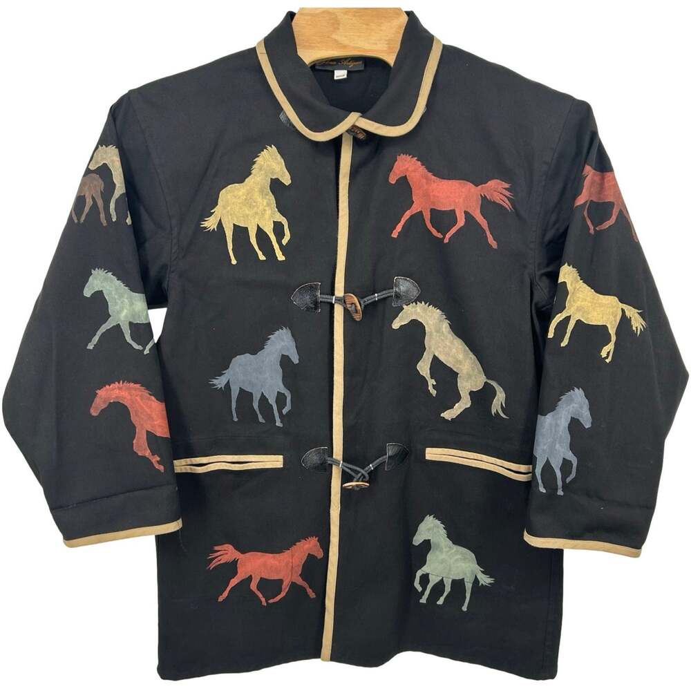 Vintage Womens Black Gloria Artiguex Hand Painted Wild Horses Toggle Jacket Sz M